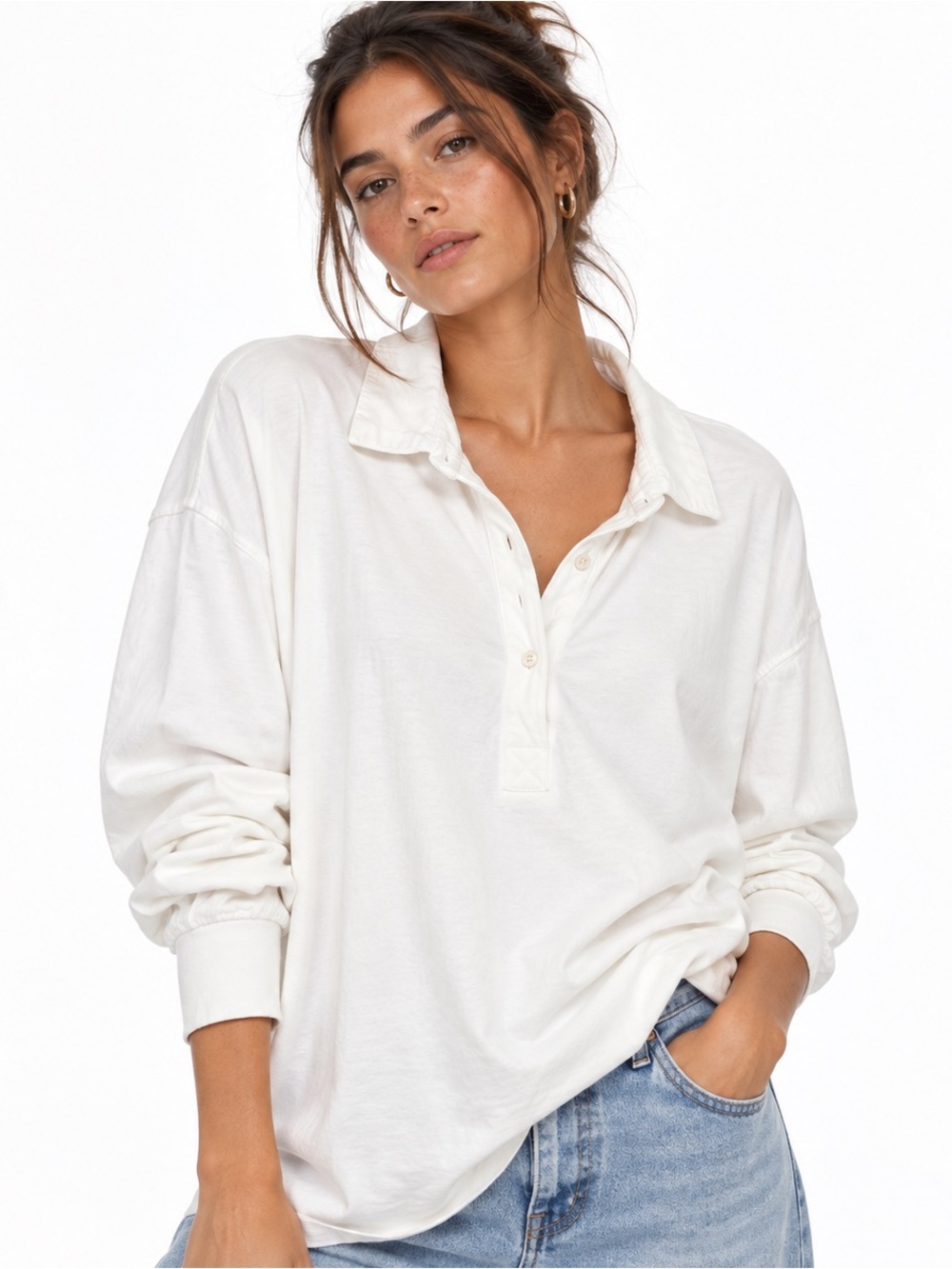 Aerie Womens Oversized Rugby Polo Top XL White Cotton Boyfriend Coastal Preppy